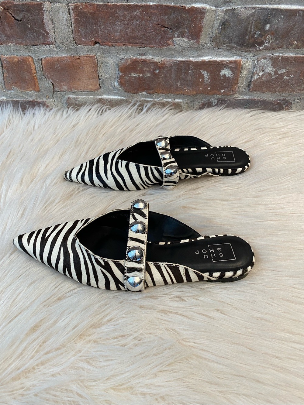 Shu Shop Alma Leather Zebra Hair Studded Pointed Toe Mules, Size 6 - Picture 5 of 16